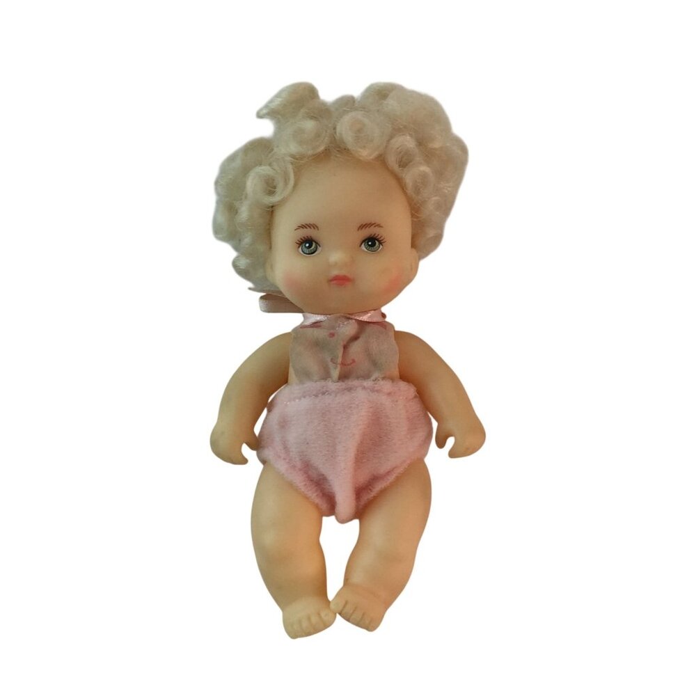 Vintage Hasbro Love A Bye Baby Doll 5" Blonde Curly Hair‎ Pink Romper Outfit